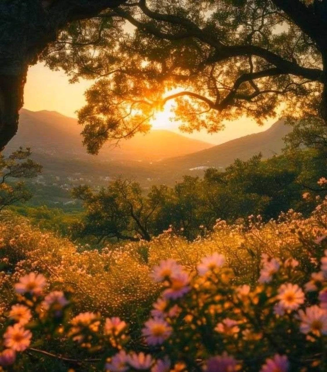 Flores y árboles iluminados por el sol del atardecer