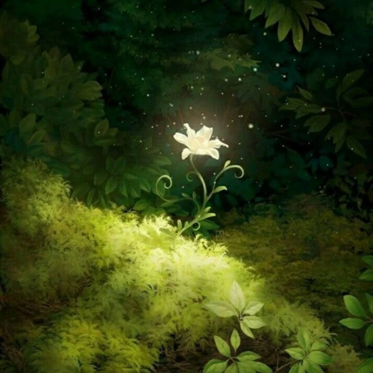 Una flor luminosa en un bosque verde