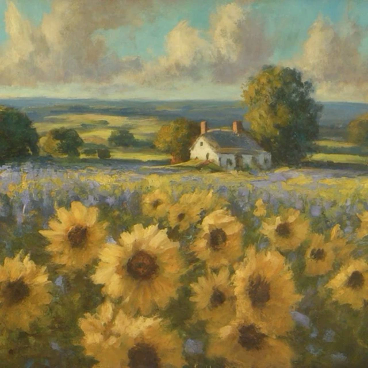 Pintura de una casa de campo rodeada de girasoles